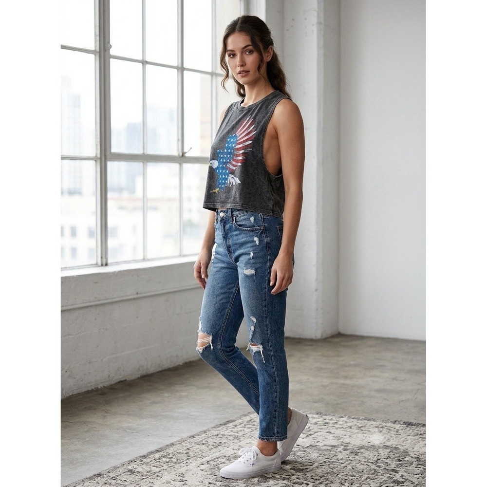 Boho Chic Cropped Muscle Tank Top Womens Eagle American Flag Acid Wash Charcoal